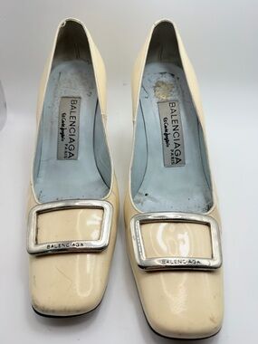 Balenciaga Cream Patent Leather Buckle Pumps